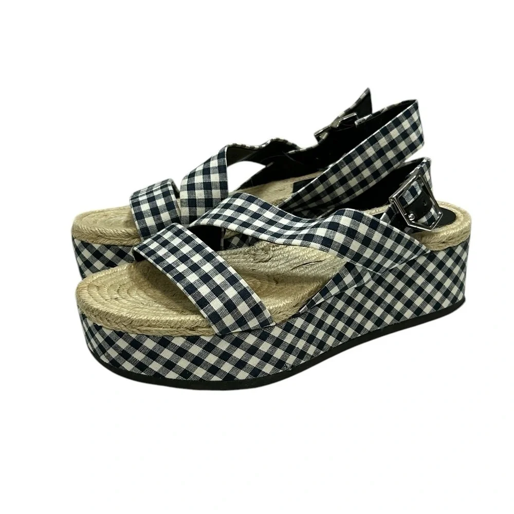 Rag & Bone Checkered Gingham Ankle Strap Megan Platform Sandals 7.5 Blue White